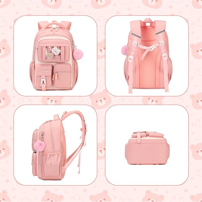 Kids Backpack for Girls School Bags for Middle School Students Book Bag for Elementary Primary Kawaii Ita Backpack, Pink and Beige-BubblyBeeBaby