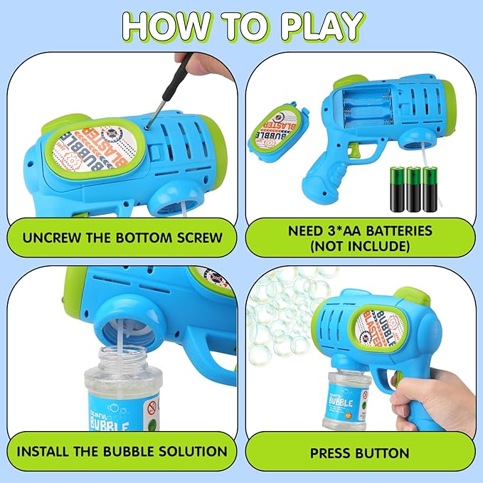2 Pack Bubble Gun Machine for Kids, Automatic Light Up Bubble Blower with 4 Bottles 10 Bags Refill Solution Bubble Guns Blaster for Toddlers, Outdoor Toys Gifts Wedding Easter Party Favor-BubblyBeeBaby