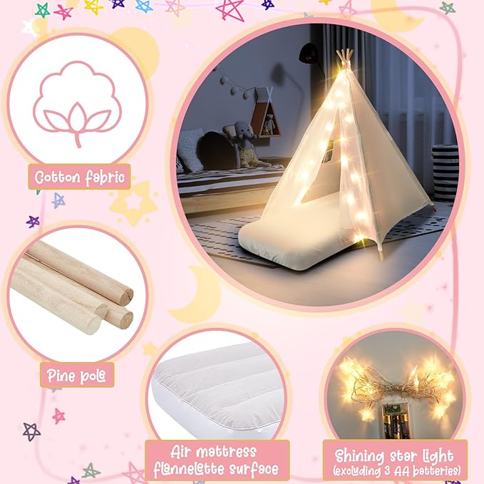 2 Pack Kids Teepee Tent with Mattress,Fitted Sheet,Light String,Washable Natural Cotton Toddler Play Tent for Girls Boys Indoor Outdoor Sleepover Slumber Birthday Party(White)-BubblyBeeBaby
