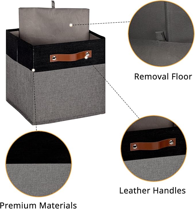 HNZIGE Storage Baskets for Organizing, Set of 4, Square Fabric Storage Cubes Bins 13 x 13, Collapsible Black Storage Bins for Shelves, Closets, Nursery, Home, Office (Black&Grey)-BubblyBeeBaby