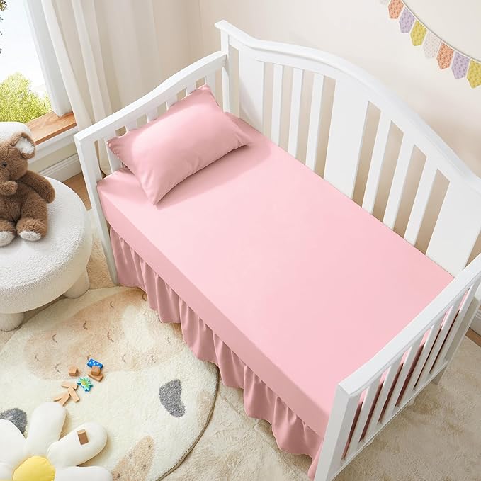 Horbaunal 2 Pack Set Crib Skirt & Crib Bed Sheet, Pink Crib Bed Skirt 28" x 52" with 14" Drop Dust Ruffle, Soft Microfiber Toddler Bedskirt Nursery Bedding Skirt for Baby Girls and Boys-BubblyBeeBaby