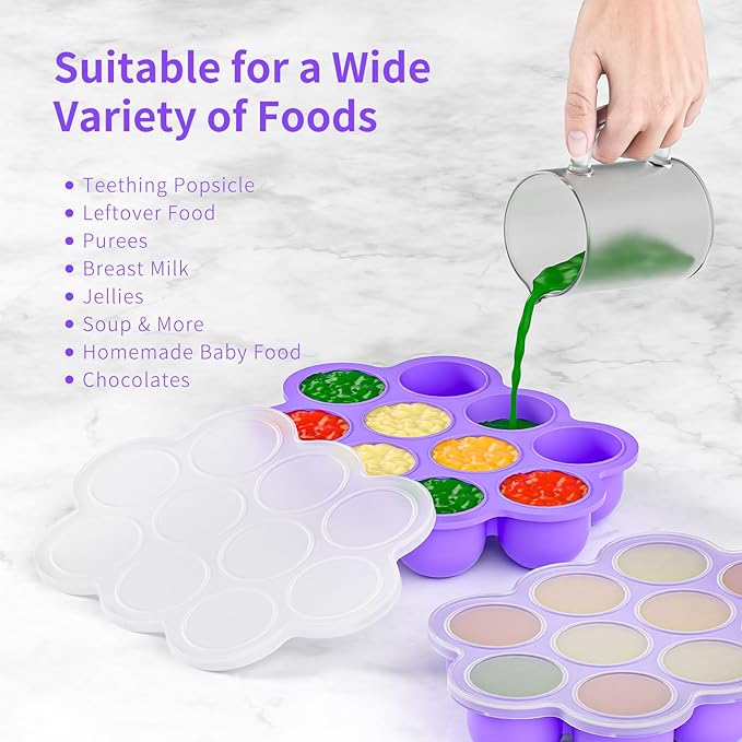 10 Cavities 2 OZ Portions Silicone Baby Food Freezer Tray with Lid,Ice Cube Trays & Molds,Baby Popsicle Mold,Egg Bite Molds,for Freezing and Baking Breast Milk,ice Cube,Egg Bites(Purple)-BubblyBeeBaby