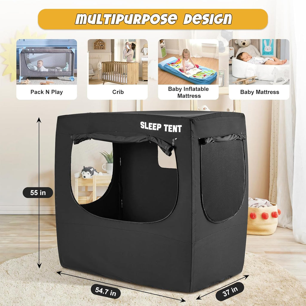 BORNA Crib Blackout Tent for Pack N Play, Brethable Baby Sleep Tent for Full Size Crib and Pack N Play, Baby Sleep Pod for Kids Blocks 70%+ Light