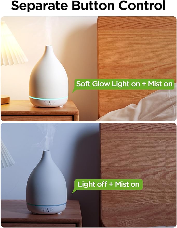 InnoGear Oil Diffuser, 300ML Ceramic Diffuser for Essential Oils Handcrafted Aromatherapy Diffuser Ultrasonic Cool Mist Humidifier with 4 Timers Waterless Auto Off for Room Office, White Base-BubblyBeeBaby
