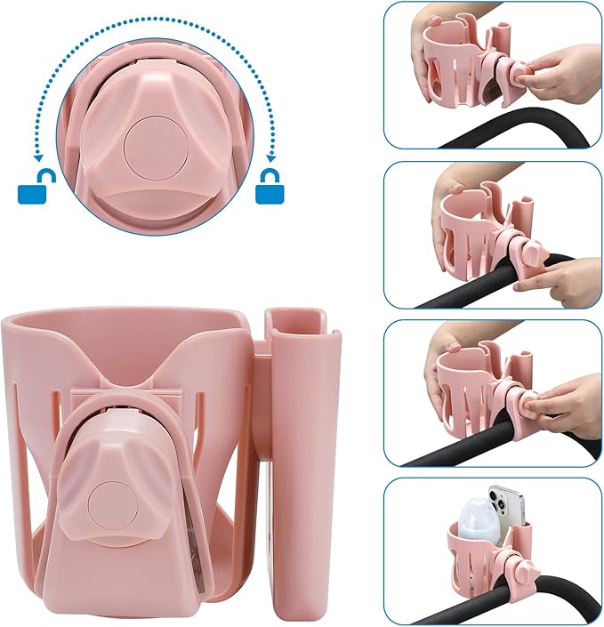 Accmor Universal Cup Holder, Stroller Cup Holder with Phone Holder, 360° Rotatable Large Caliber Designed Bottle Holder for Stroller, Bike, Wheelchair, Walker, Scooter-BubblyBeeBaby