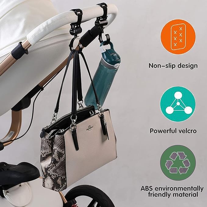 Stroller Hooks, Babyfond 2 Pack of Multifunctional Hooks, 360-degree Rotating Firm Non-Slip Stroller Hook for Buggy, Baby Carrier, Bike Bicycle, Car Headrest-BubblyBeeBaby