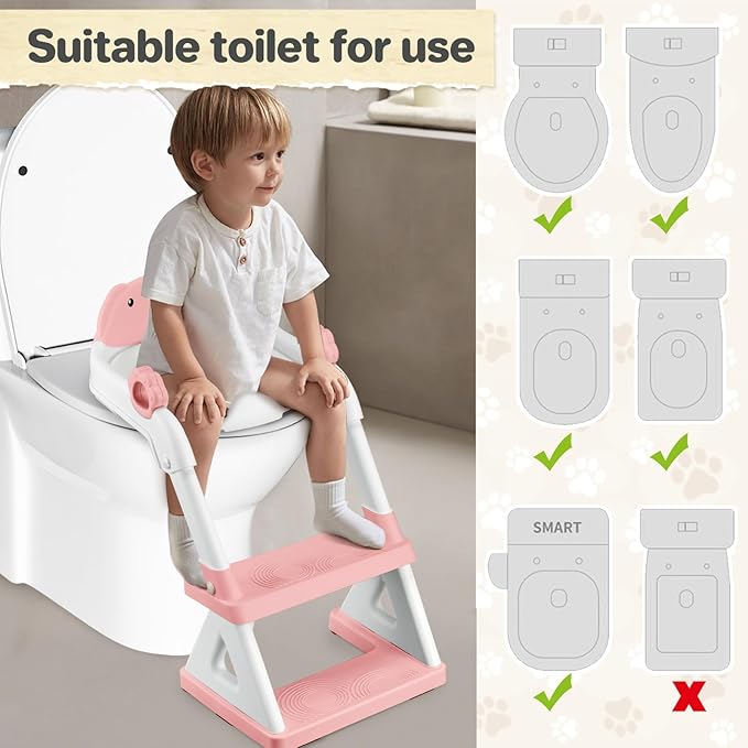 2 In 1 Potty Training Toilet Seat & Toddler Step Stool, Bottom Triangle Stability Toddler Toilet Seat, Adjustable Step & Seat Height Potty Seats (Pink)-BubblyBeeBaby