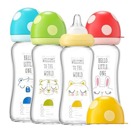 YOHKOH Natural Glass Baby Bottle with Natural Response Nipple, Newborn Anti-Colic Baby Bottles, Wide Neck Mushroom Cap Baby Bottle, Clear (8.8ounce (Pack of 4), Multicolour1)-BubblyBeeBaby