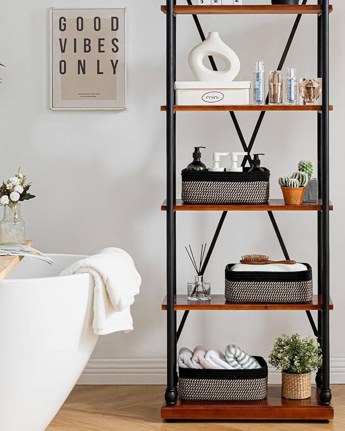 KALLAX Small Woven Basket, 12 x 8 x 4.5 Inches, Storage Basket for Organizing, Cute Small Rope Shelf Closet Cube Storage Bins Baskets for Shelves, Dog Toy Gift Baskets Empty, 3 Pack Black & Brown-BubblyBeeBaby