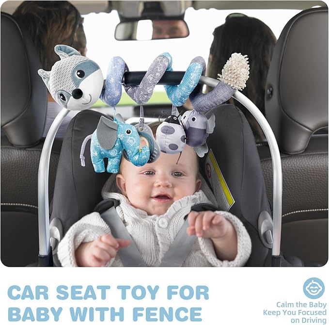 Jollybaby Baby Car Seat Stroller Toys, Plush Activity Hanging Spiral Activity Pram Crib with Music Box, Rattles, Squeaker for Babies Infant Boys Girls(Grey Fox)-BubblyBeeBaby