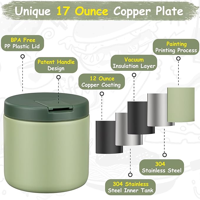 19oz Insulated Vacuum Food Jar with Buckle Lid Wide Mouth Soup Thermo for Hot Food Kids Leakproof Stainless Steel Lunch Container- Green-1Pack-BubblyBeeBaby