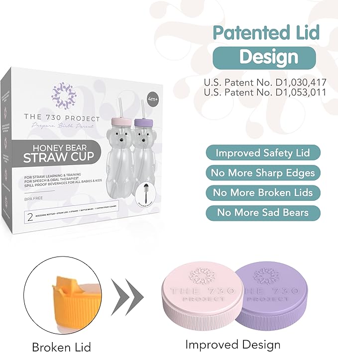 Honey Bear Straw Cup for Babies, Honey Bear Cups with Travel Lid, 2-Pack Therapy Learning HoneyBear Straw Sippy Cup for Toddlers, Cherry Blossom & Unicorn, 8 oz-BubblyBeeBaby