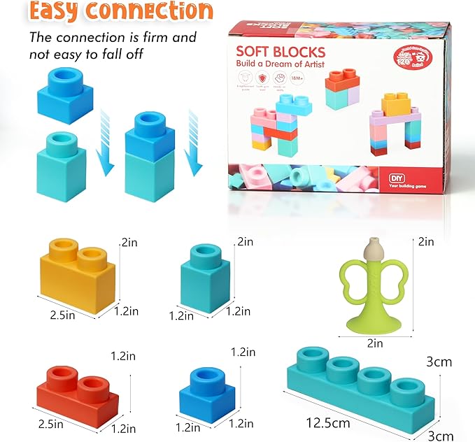22 Pcs Soft Building Blocks for Toddlers 18M+, BPA - Free Sensory Teether Toys, Montessori STEM DIY Bricks, Early Learning Creative Stacking Set, Safe Baby Construction Toys-BubblyBeeBaby