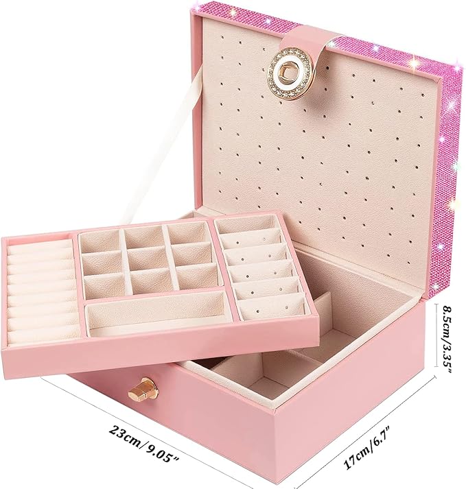 Jewelry Box for Earrings for Girls Jewelry Organizer Box Earring Holder Organizer for Girls Earring Box Jewelry Box Stud Earring Organizer for Girls Earring Jewelry Boxes for Women Pink Bling-BubblyBeeBaby