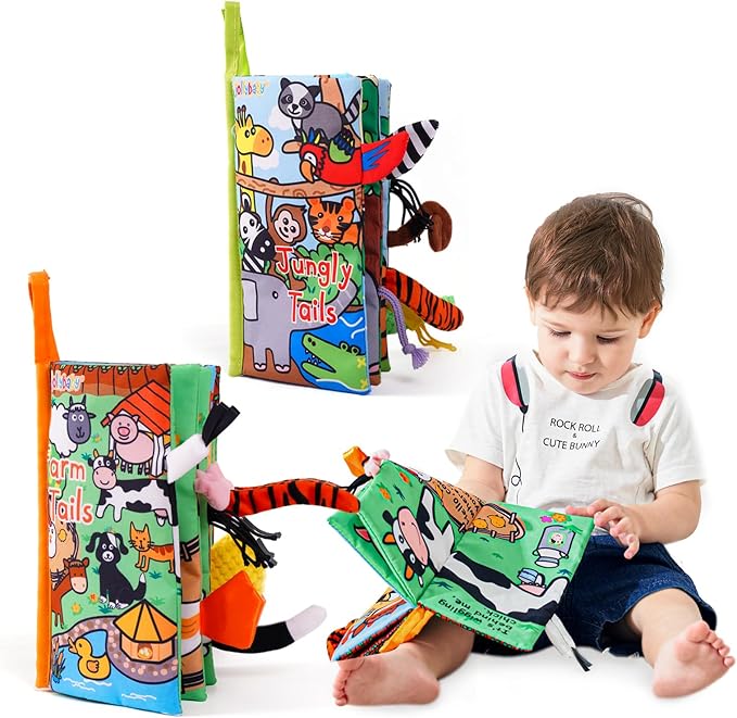 Jollybaby 2 PCS Sensory Touch and Feel Crinkle Books for Baby 0-6 Months, Jungle Farm Tails Montessori Car Set Toys for Tummy Time Newborn 6-12, Soft Fabric Cloth Books for Infant 1 Year Old Gift-BubblyBeeBaby