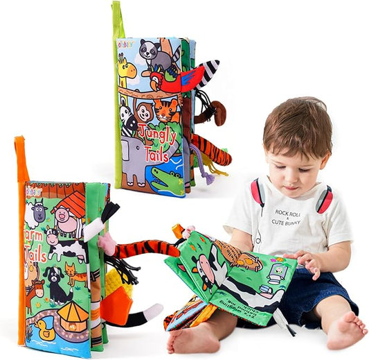 Jollybaby 2 PCS Sensory Touch and Feel Crinkle Books for Baby 0-6 Months, Jungle Farm Tails Montessori Car Set Toys for Tummy Time Newborn 6-12, Soft Fabric Cloth Books for Infant 1 Year Old Gift-BubblyBeeBaby