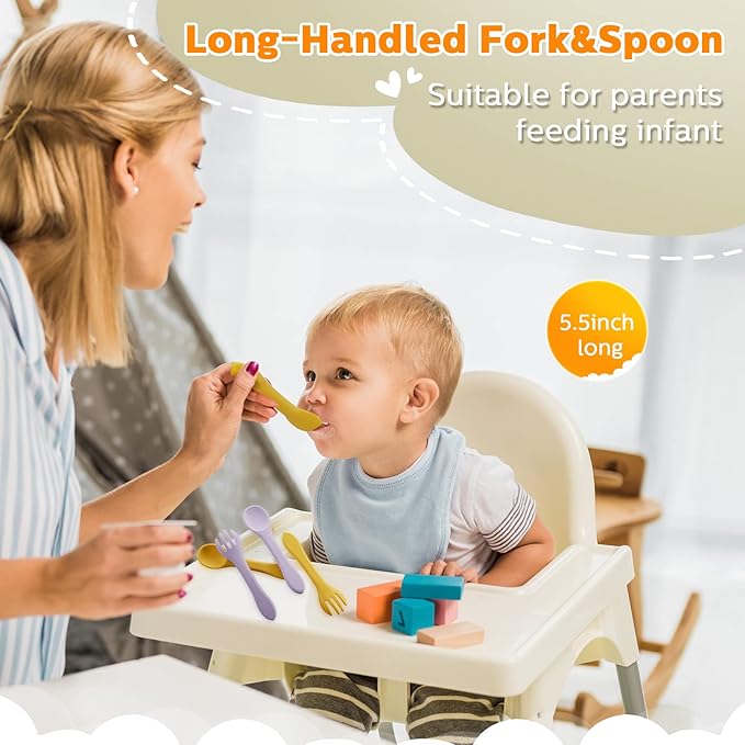 10 Pieces Baby Led Weaning Spoons and Forks Set Infant Silicone Spoon First Self Feed Baby training Utensils for Toddler First Stage Feeding Supplies for Kids Over 6 Months, 5 Pairs(Fresh Colors)-BubblyBeeBaby