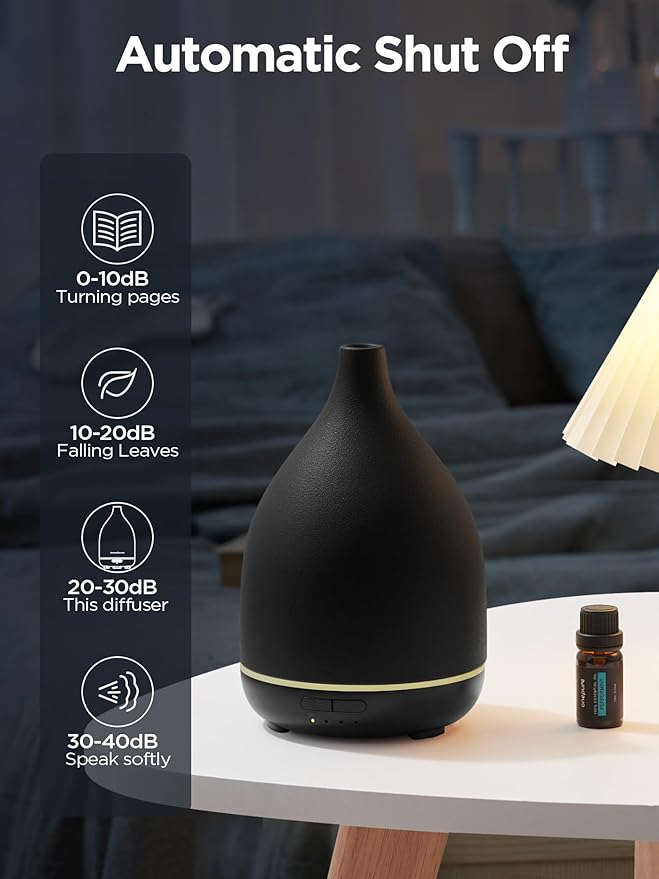 InnoGear Oil Diffuser, 300ML Ceramic Diffuser for Essential Oils Handcrafted Aromatherapy Diffuser Ultrasonic Cool Mist Humidifier with 4 Timers Waterless Auto Off for Room Office, Black-BubblyBeeBaby