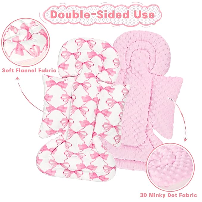 Infant Car Seat Insert, Soft Baby Car Seat Head & Body Support for Girl Boy, Reversible Newborn Preemie Carseat Insert Cushion with 3 Straps Pads, Fits Car Seat, Stroller, Swing, Bouncer, Pink Bow-BubblyBeeBaby