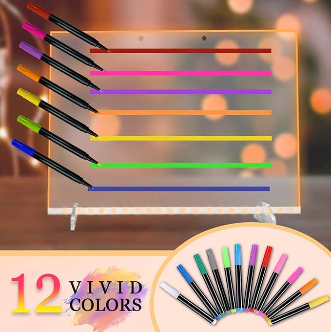 12-Color Markers for Doodle Glow，Neon Dry Erase Markers for Led Drawing Board, Non-Toxic Erasable Chalk Marker for Clear Acrylic Calendar, Mirror, Window, First Day Of School Sign-BubblyBeeBaby