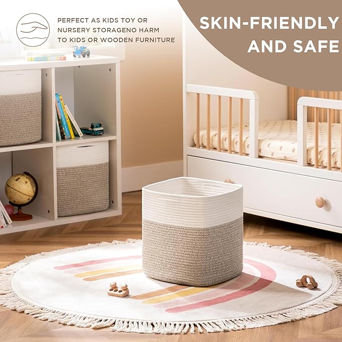 joybest Cube Storage Bins Set of 4, 13inch Cube Baskets Organizer for Nursery, Square Cotton Rope Baskets for Shelves Organizing, Kids Toy, Closet Storage, Brown and Cream White-BubblyBeeBaby