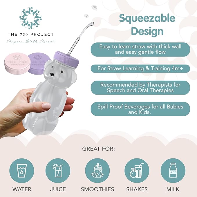 Honey Bear Straw Cup for Babies, Honey Bear Cups with Travel Lid, 2-Pack Therapy Learning HoneyBear Straw Sippy Cup for Toddlers, Cherry Blossom & Unicorn, 8 oz-BubblyBeeBaby