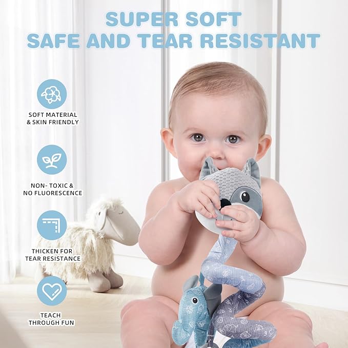 Jollybaby Baby Car Seat Stroller Toys, Plush Activity Hanging Spiral Activity Pram Crib with Music Box, Rattles, Squeaker for Babies Infant Boys Girls(Grey Fox)-BubblyBeeBaby