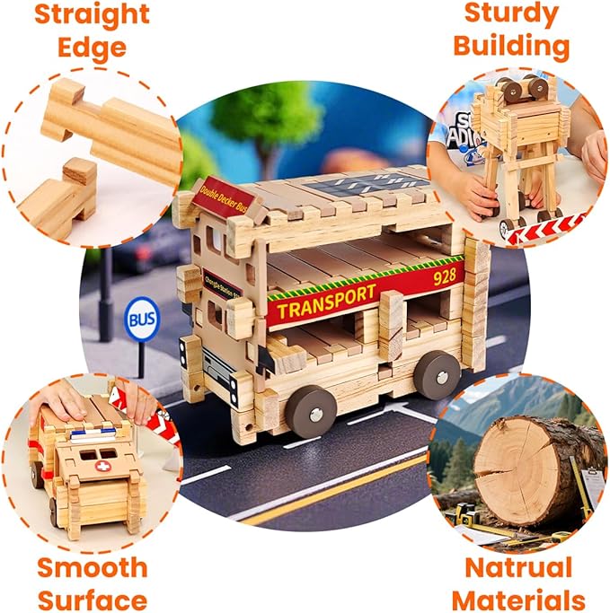 Jovi-mindly＆Notchies Wooden Blocks Train Set 101 PCS Create 40+ Shapes,Toys Educational Wooden Building Blocks Puzzles for Kids Ages 5-8 Boys and Girls,Truck/Excavator,FSC Certified,Graduate Gifts-BubblyBeeBaby