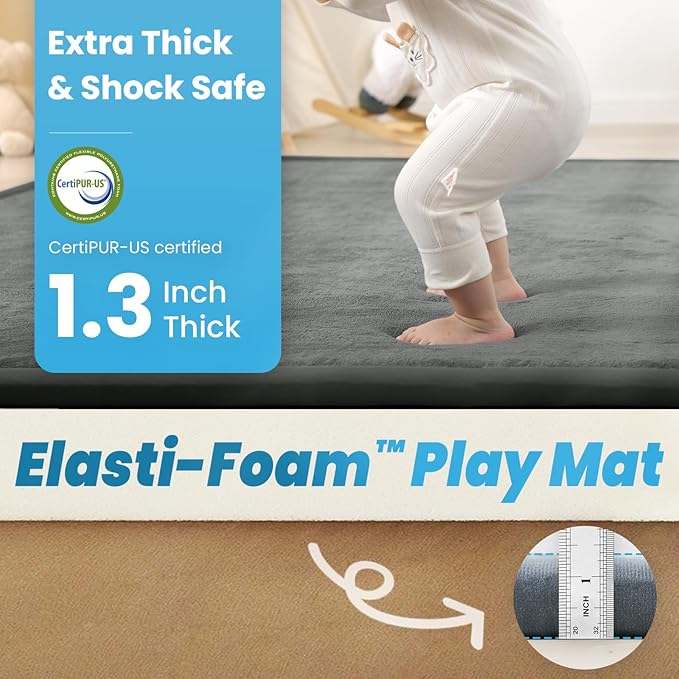 1.3" Thick Baby Play Mat for Floor, 39x59 Foam Tummy Time Mat, Padded Support Soft Plush Nursery Rug for Infant Kids Toddler Crawling Kick Activity (Dark Grey)-BubblyBeeBaby