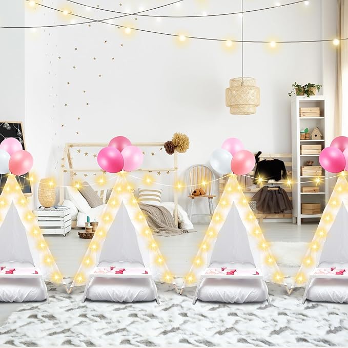 2 Pack Kids Teepee Tent with Mattress,Fitted Sheet,Light String,Washable Natural Cotton Toddler Play Tent for Girls Boys Indoor Outdoor Sleepover Slumber Birthday Party(White)-BubblyBeeBaby