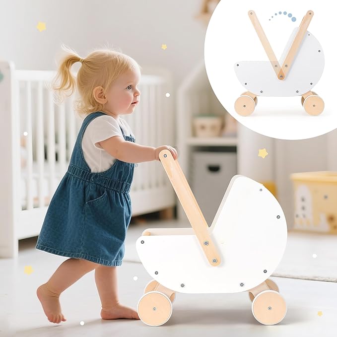 Wooden Baby Walker & Doll Stroller – Adjustable Handle Push Cart, Anti‑Tip, Quiet Wheels, Pretend Shopping Cart – Montessori Wooden Walker for Babies , Doll Stroller for Toddlers 12m+-BubblyBeeBaby