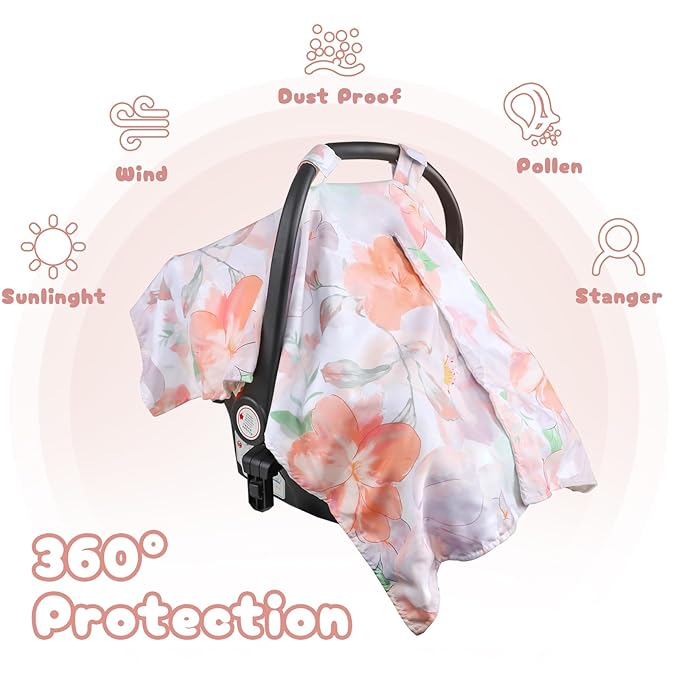 Car Seat Cover Baby, Infant Car Seat Canopy Covers for Newborn Girls Boys, Soft Minky Carseat Covers Stretchy Multi-Use Nursing Cover for Stroller Baby Car Seat, Purple Floral-BubblyBeeBaby