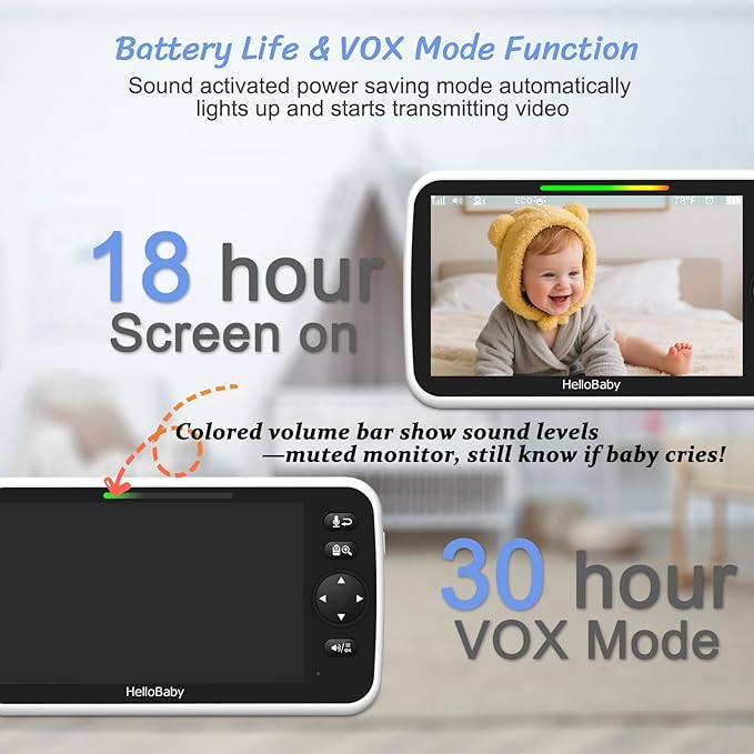 HelloBaby Baby Monitor 2 Cameras, 6'' World First IPS Split-Screen 30H Battery, No WiFi 2-Way Audio, Video, VOX, Double Cameras Pan-Tilt-Zoom, Night Vision, 8 Lullabies, 1000ft for Twins-BubblyBeeBaby