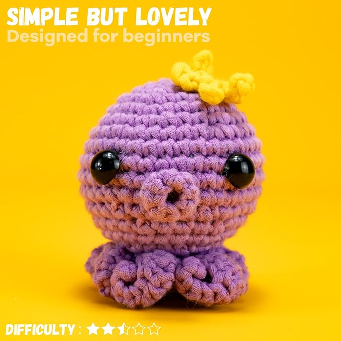 HEJIN Crochet Kit for Beginners, Beginner Crochet Kit for Adults Kids, Octopus Crochet Animal Kit Include Videos Tutorials, Yarn, Eyes, Stuffing, Crochet Hook- Boys and Girls Birthdays Gift-BubblyBeeBaby