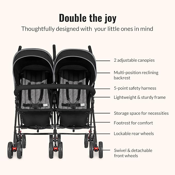 Dream On Me Volgo Twin Umbrella Stroller in Black, Lightweight Double Stroller for Infant & Toddler, Compact Easy Fold, Large Storage Basket, Large and Adjustable Canopy-BubblyBeeBaby