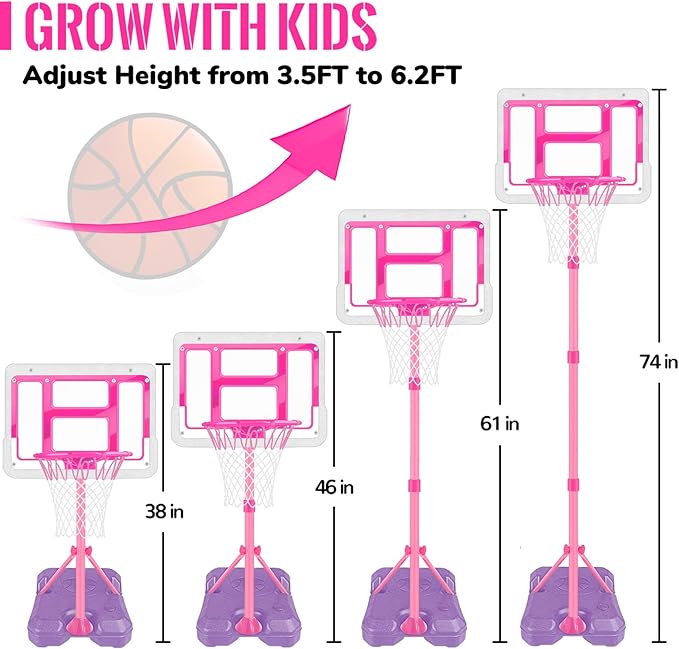 Kids Basketball Hoop with Stand, Adjustable Basketball Set, Toddler Basketball Toys for Boys Age 3 4 5 6 7 8, Indoor Outdoor Backyard Sport Game Gifts Pink-BubblyBeeBaby
