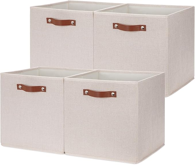 HNZIGE Foldable Storage Cubes Bins for Organizing, Set of 4, Fabric Cube Canvas Storage Bins 11 x11, Collapsible Bins for Organization with Handles for Shelf Nursery(Beige)-BubblyBeeBaby