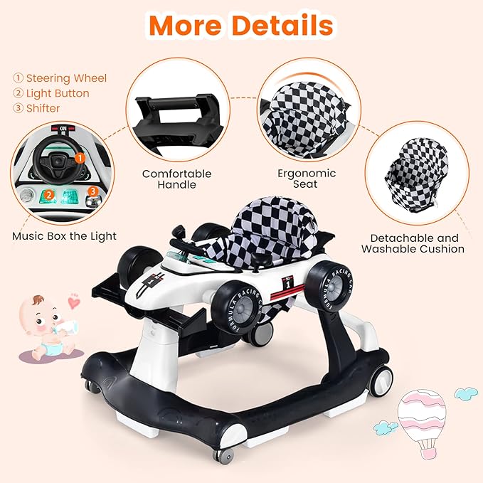 HONEY JOY 4-in-1 Baby Walker, Activity Push Walker w/3 Adjustable Heights, Smooth Wheels w/Adjustable Speed, Padded Seat, Music & Light, Foldable Car Walker for Baby Boys Girls Age 6 Months+ (White)-BubblyBeeBaby