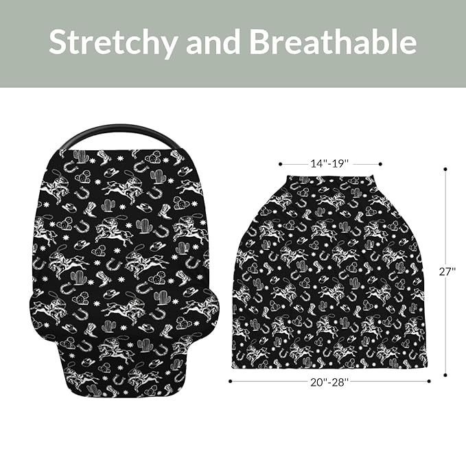 Country Western Car Seat Cover for Baby Cowboy Hat Boots Horse Cactus Stretchy 5-in-1 Covers Adjustable Car Canopy Breastfeeding Cover Wild West Desert Breathable Nursing Cover-Up-BubblyBeeBaby