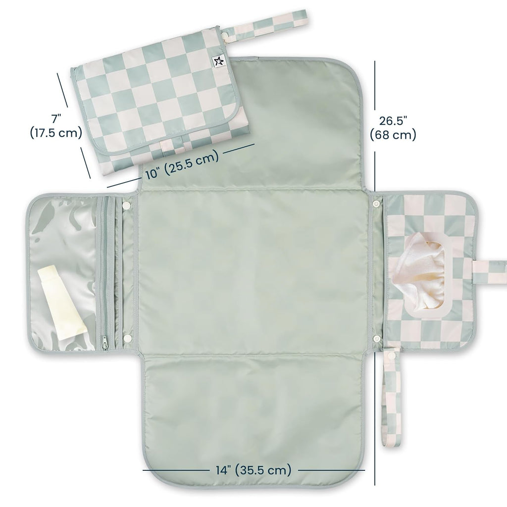 Tiny Twinkle Portable Diaper Changing Pad-Foldable Waterproof Changing Mat&Portable Changing Pad for Travel,Baby Changing Station with Smart Wipes Pocket&Storage (Sage Checkers)