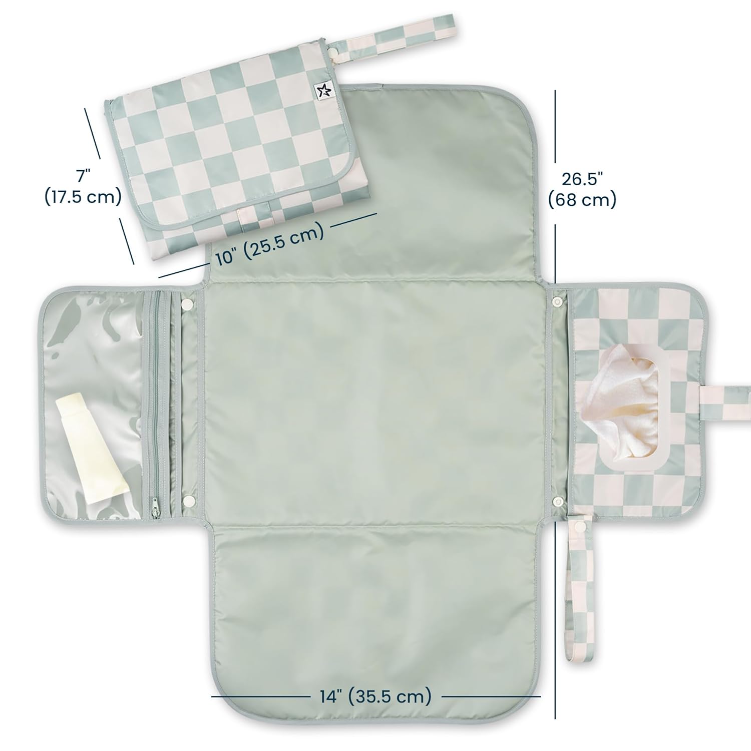 Tiny Twinkle Portable Diaper Changing Pad-Foldable Waterproof Changing Mat&Portable Changing Pad for Travel,Baby Changing Station with Smart Wipes Pocket&Storage (Sage Checkers)