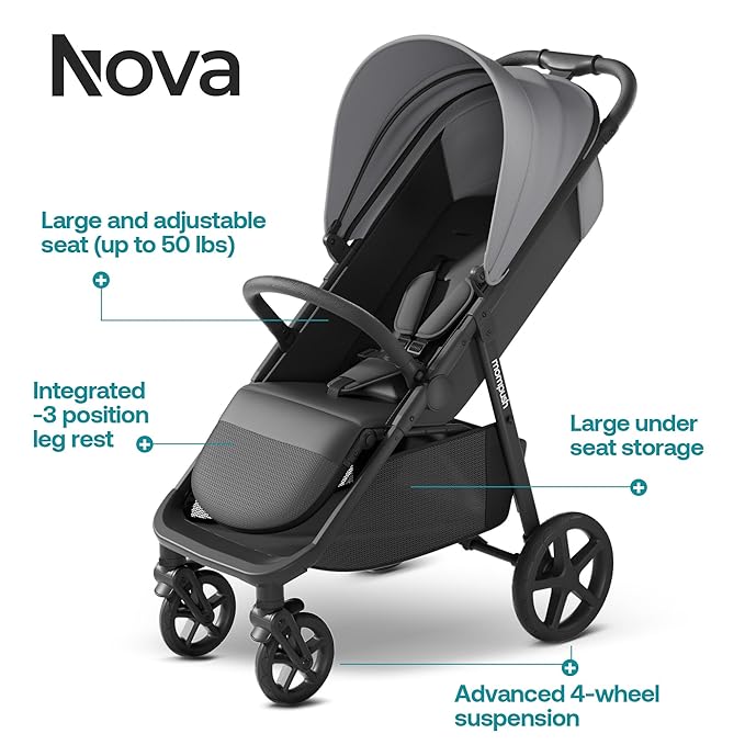 Mompush Nova Baby Stroller for Toddler, Infant & Newborn | Spacious Seat & Lie-Flat Mode | Compact One-Hand Fold, UPF 50+ Canopy & All-Wheel Suspension | Includes Rain Cover & Cup Holder, Grey-BubblyBeeBaby