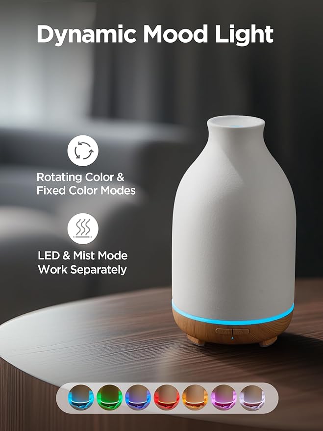 InnoGear Essential Oil Diffuser, 150ml Ceramic Stone Diffuser Handcrafted Aromatherapy Diffusers Ultrasonic Cool Mist Humidifier Vaporizor with 2 Mist Modes Waterless Auto Off for Room Office, White-BubblyBeeBaby