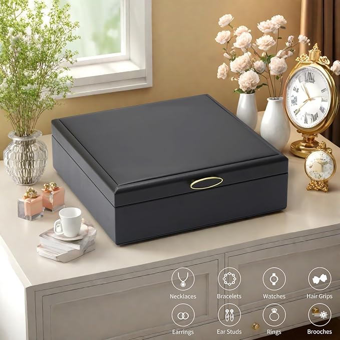 2-layer jewelry box，Jewelry Organizer with Handle，with hanging necklace hooks, detachable jewelry trays, suitable for storing a large amount of jewelry gift box (Large-Black)-BubblyBeeBaby