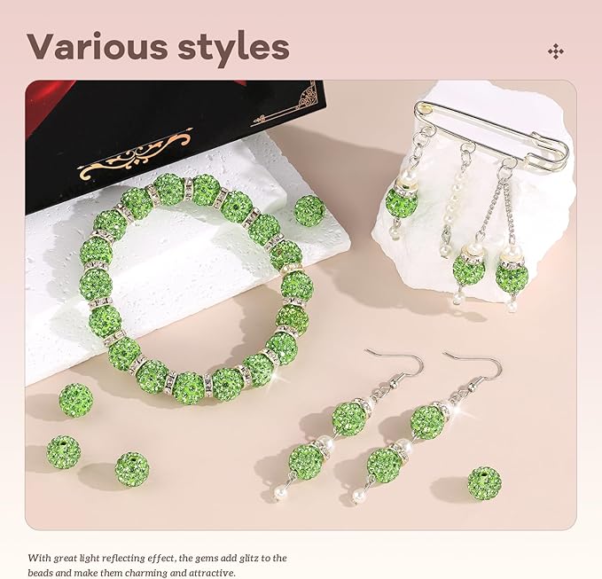 160pcs 10mm Rhinestone Beads for Jewelry Making, Light Green Shiny Round Disco Ball Beads Bulk, Sparkle Crystal Clay Christmas for Bracelet Baseball Necklace Earring Crafting and DIY-BubblyBeeBaby