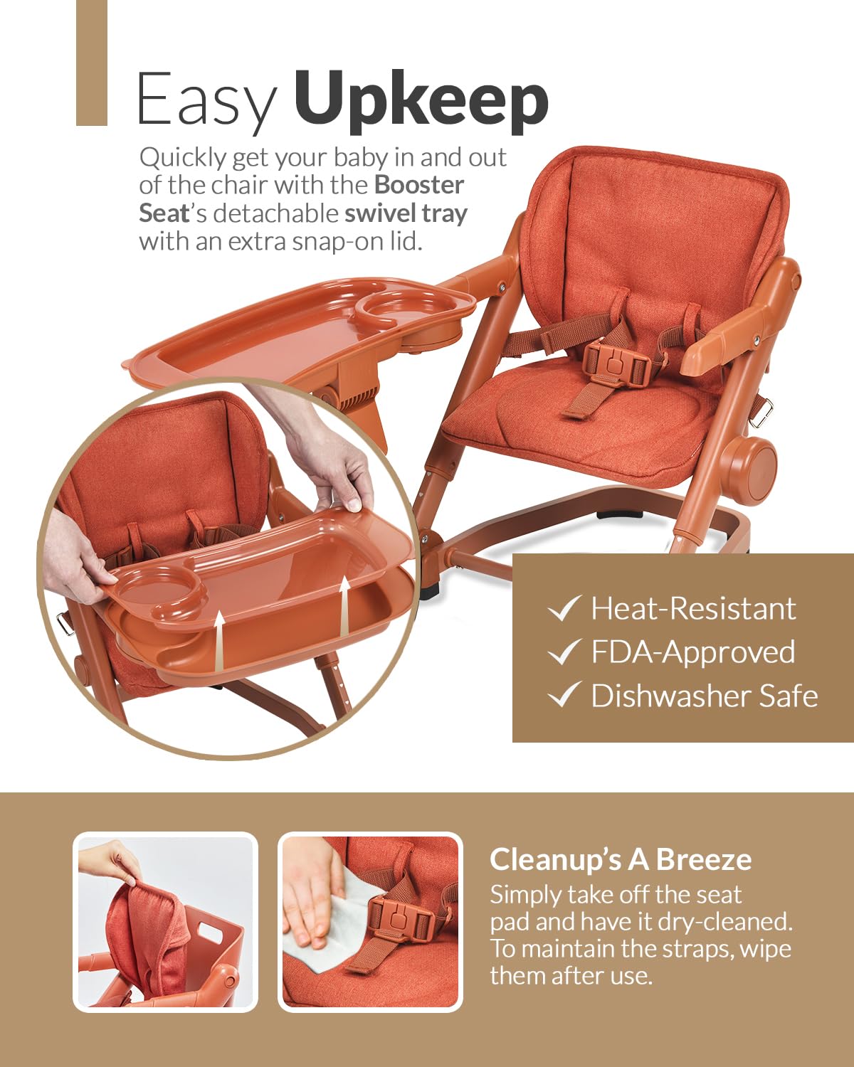 Feed Me 3-in-1 Travel High Chair Booster Seat for Infants and Toddlers - Transitional, Compact & Fits Any Chair, Swivel Tray, Pumpkin Orange