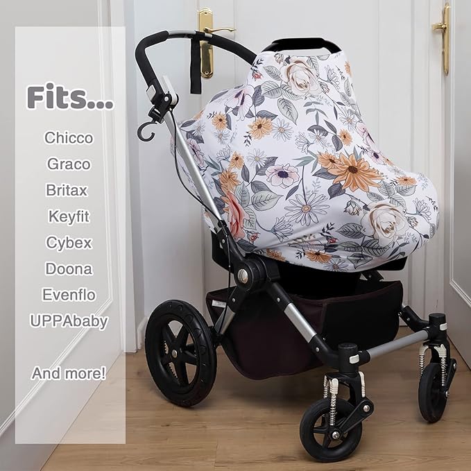 Rquite All-in-1 Car Seat Cover Baby, Carseat Covers for Girl Boy, Stretchy Soft Infant Car Seat Cover, Multi-use Baby Carrier Cover, Car Seat Canopy, Stroller Sun Shade, Nursing Breastfeeding Cover-BubblyBeeBaby