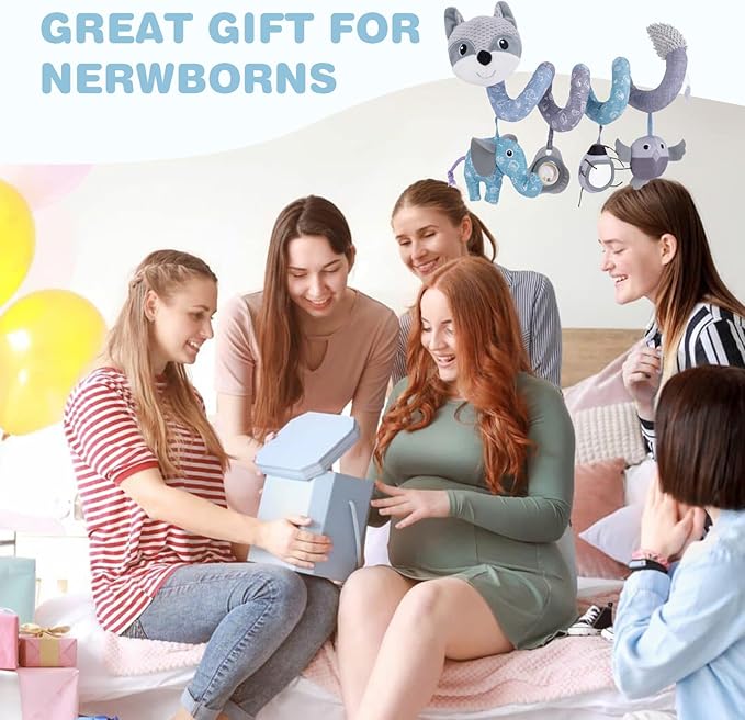 Jollybaby Baby Car Seat Stroller Toys, Plush Activity Hanging Spiral Activity Pram Crib with Music Box, Rattles, Squeaker for Babies Infant Boys Girls(Grey Fox)-BubblyBeeBaby