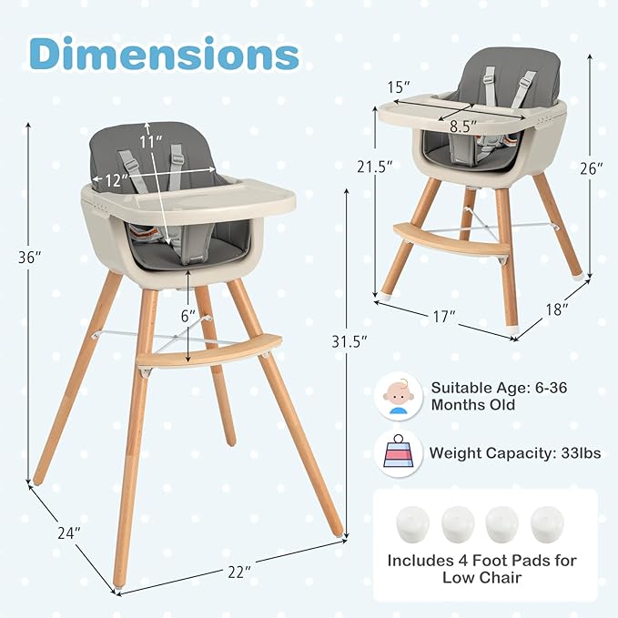 HONEY JOY Baby High Chair, 6-in-1 Eat & Grow Wooden Highchair/Toddler Chair with Removable Tray, 5-Point Harness, PU Cushion and Footrest, Convertible High Chair for Babies and Toddlers(Dark Gray)-BubblyBeeBaby