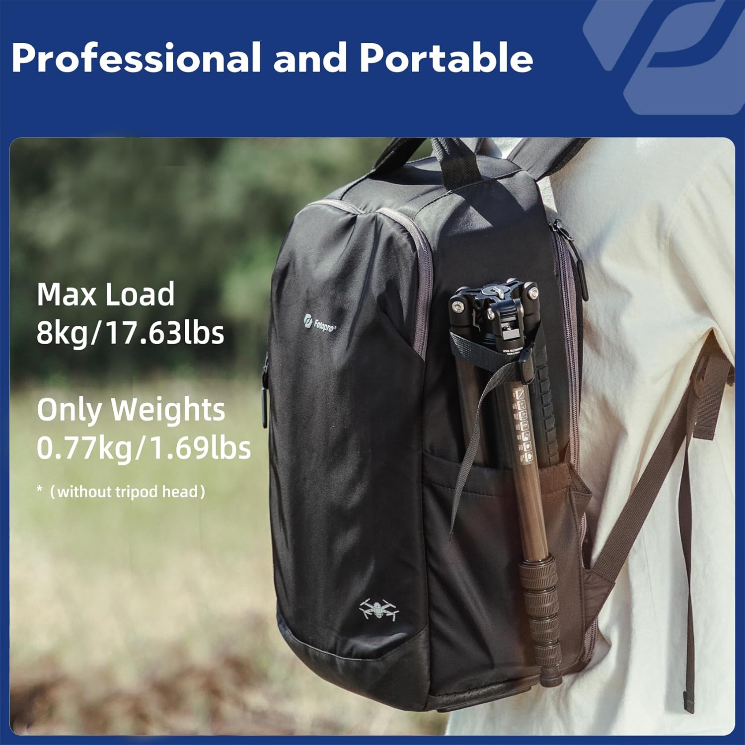 Fotopro 59” Carbon Fiber Travel Tripod, 2 in 1 Lightweight Monopod Tripods, Professional Compact Tripod for DSLR Camera, Load up to 17.6lbs(8kg)